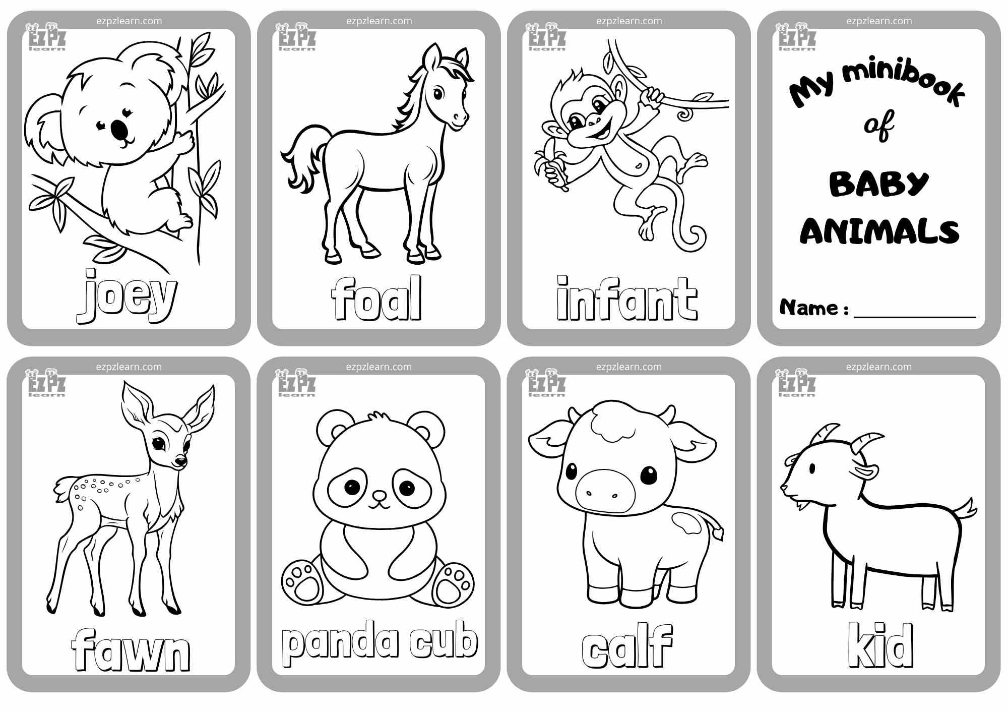 Baby Animals Mini Flashcards for Coloring Great for Kindergarten and ...
